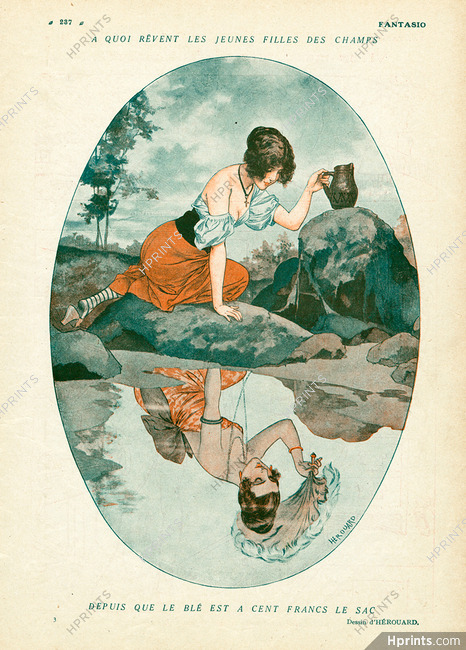 A quoi rêvent les jeunes filles des champs, 1921 - Hérouard Rural woman, Reflect in water