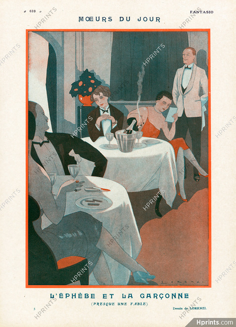 Moeurs du Jour — L'Éphèbe et la Garçonne, 1924 - Fabius Lorenzi Roaring Twenties, Restaurant