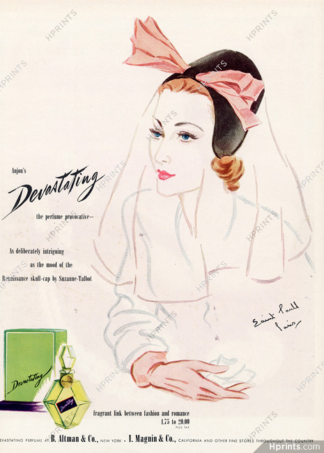 Anjou (Perfumes) 1945 Devastating, Suzanne Talbot (millinery)