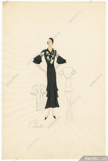 Agnès-Drecoll 1932 "Parade", collection "Entre Saison", Original Fashion Drawing