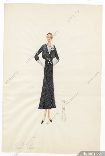 Agnès-Drecoll 1932 "Petite chose", collection "Entre Saison", Original Fashion Drawing