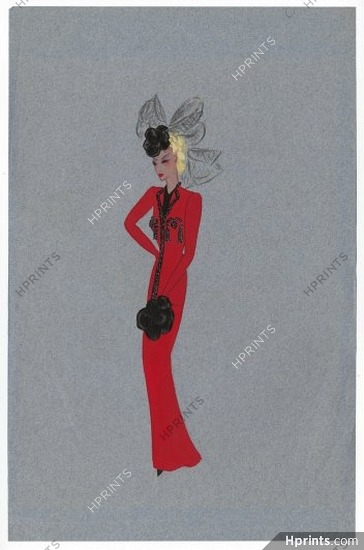 Jean Desses 1930 Evening Gown, Original Fashion Drawing