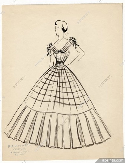Raphael 1940s, Original Fashion Drawing, Evening Gown