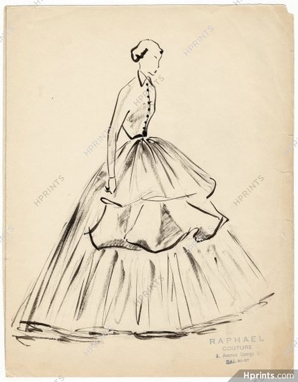 Raphael 1940s, Original Fashion Drawing, Evening Gown