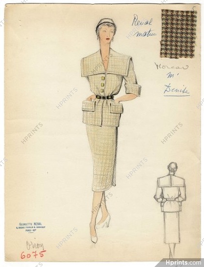 Georgette Renal 1950s, Original Fashion Drawing, Moreau & Cie
