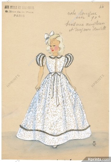 "Aux Mille et une Nuits" (Manufacturer of luxury clothes for children) 1940s, Original Fashion Drawing, little girl, long dress