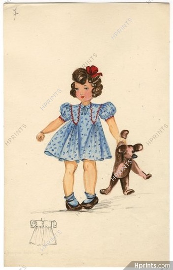 Aux Mille et une Nuits (Fashion Children) 1940s, Original Fashion Drawing, Little Girl, teddy bear toy