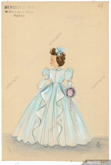 Aux Mille et une Nuits (Fashion Children) 1940s, Original Fashion Drawing, little girl, bridesmaid