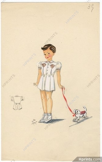 Aux Mille et une Nuits (Fashion Children) 1940s, Original Fashion Drawing, boy, dog Toys
