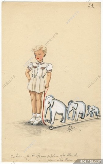 Aux Mille et une Nuits (Fashion Children) 1940s, Original Fashion Drawing, boy, Éléphant Toys