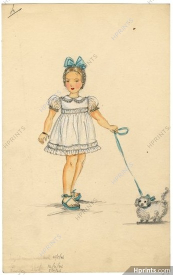 Aux Mille et une Nuits (Fashion Children) 1946 Original Fashion Drawing, little girl, sheep Toys