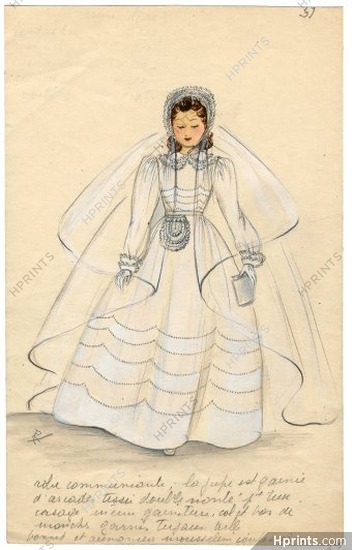 Aux Mille et une Nuits (Fashion Children) 1940s, Original Fashion Drawing, little girl, communion dress