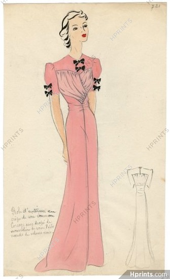 Yvonne Roger 1940s Deshabillé, Original Drawing, Lingerie, Nightgown