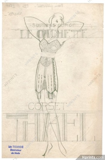 Thael (Corset) 1935 Brassière, Lingerie, Original Drawing, Léo Tissandié, dessin publicitaire