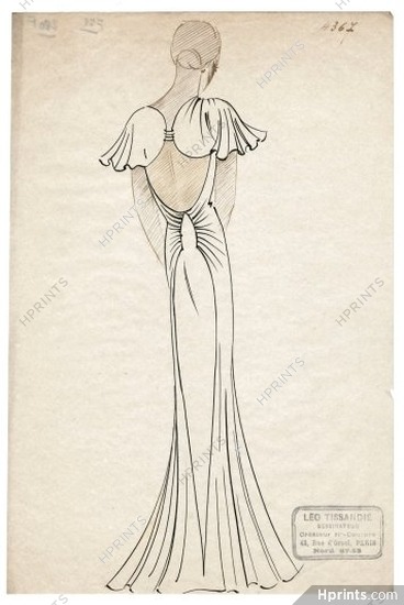 Léo Tissandié 1930s, Original Fashion Drawing, backless Evening Gown