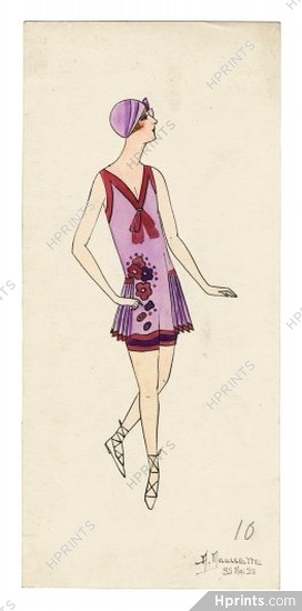 Moussette 1926 Original Fashion Drawing, Beachwear