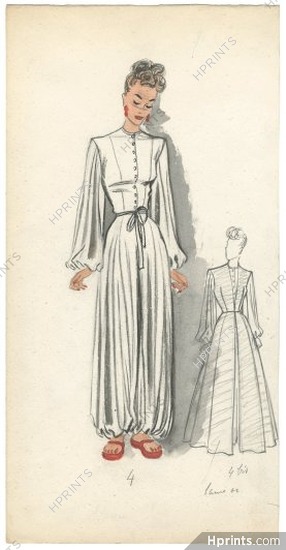 Grès - Germaine Krebs (Couture) 1940s, Original Fashion Drawing