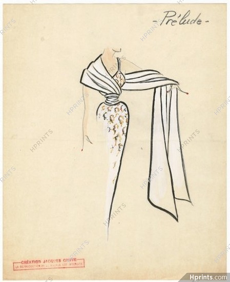 Jacques Griffe 1950s, "Prélude" Original Fashion Drawing