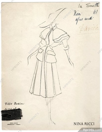Nina Ricci 1950s, "La source" Original Fashion Drawing, Bodin (Fabric)