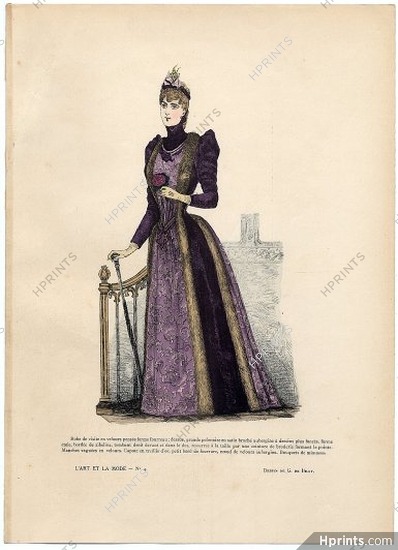 L'Art et la Mode 1890 N°04 G. de Billy, colored fashion lithograph, Visit Dress in Fur