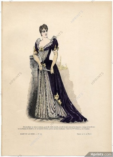 L'Art et la Mode 1890 N°16 G. de Billy, colored fashion lithograph, Dinner Dress