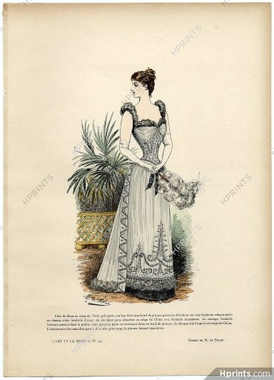 L'Art et la Mode 1890 N°34 Marie de Solar, colored fashion lithograph, Dinner Dress, Fan