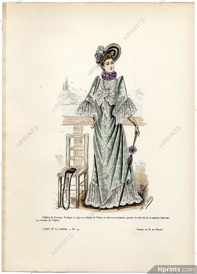 L'Art et la Mode 1891 N°14 Marie de Solar, colored fashion lithograph, Race Dress