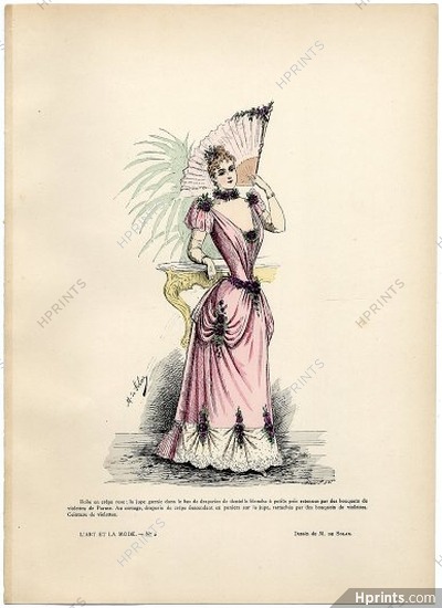 L'Art et la Mode 1891 N°02 Marie de Solar, colored fashion lithograph, Hand Fan, Parma violets