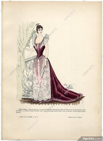 L'Art et la Mode 1891 N°03 Marie de Solar, colored fashion lithograph, Ball Dress, Jésurum