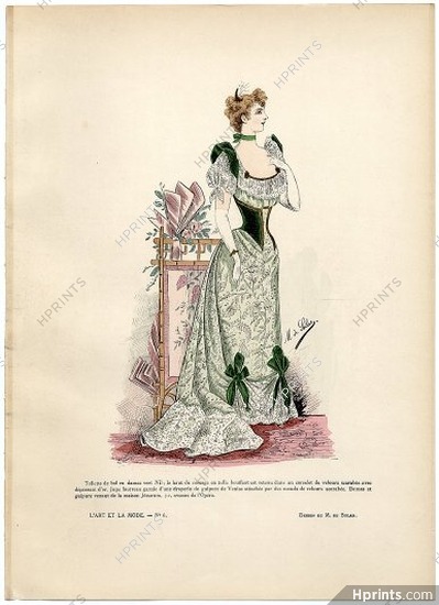 L'Art et la Mode 1891 N°06 Marie de Solar, colored fashion lithograph, Ball Gown