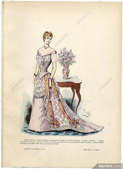 L'Art et la Mode 1891 N°08 Marie de Solar, colored fashion lithograph, Dinner Dress