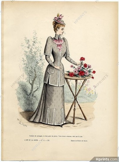L'Art et la Mode 1891 N°24 Marie de Solar, colored fashion lithograph, Country suit