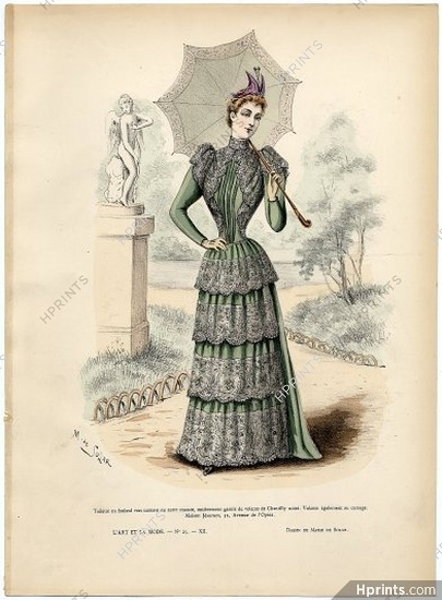 L'Art et la Mode 1891 N°25 Marie de Solar, colored fashion lithograph, Lady Parasol