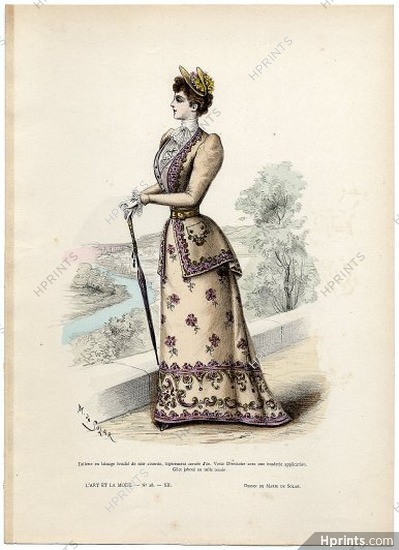 L'Art et la Mode 1891 N°28 Marie de Solar, colored fashion lithograph, Directoire Jacket