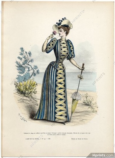 L'Art et la Mode 1891 N°30 Marie de Solar, colored fashion lithograph, Beachwear