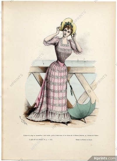 L'Art et la Mode 1891 N°31 Marie de Solar, colored fashion lithograph, Beachwear, Jésurum