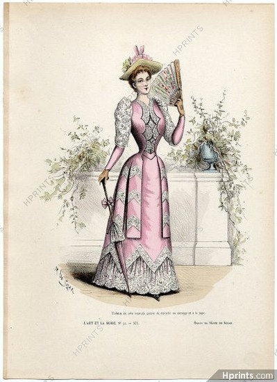 L'Art et la Mode 1891 N°32 Marie de Solar, colored fashion lithograph, Hand Fan