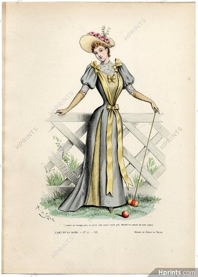 L'Art et la Mode 1891 N°37 Marie de Solar, colored fashion lithograph, Croquet play