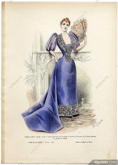 L'Art et la Mode 1891 N°40 Marie de Solar, colored fashion lithograph, Dinner Dress, Fan