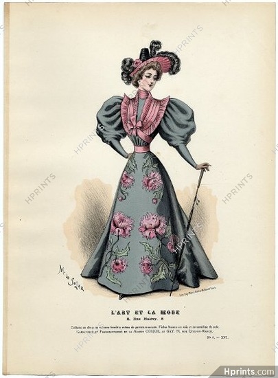 L'Art et la Mode 1895 N°06 Marie de Solar, colored fashion lithograph, Poppies