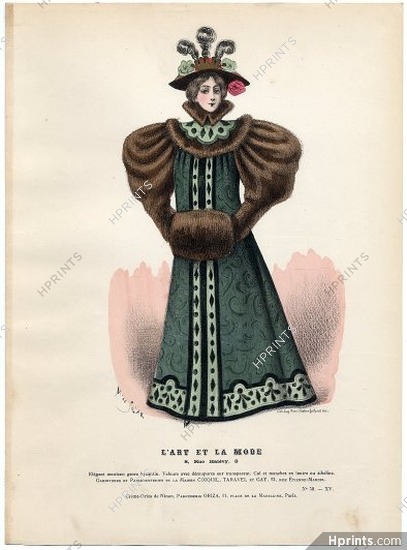 L'Art et la Mode 1894 N°50 Marie de Solar, colored fashion lithograph, Muff, Byzantine style