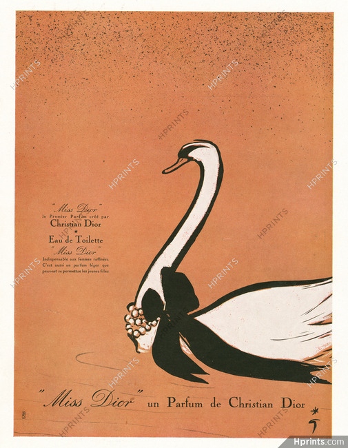 Christian Dior (Perfumes) 1950 Parfum Miss Dior, Swan, René Gruau (Swan, white frame)