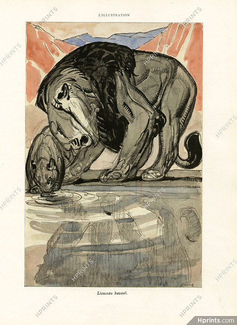 Paul Jouve 1930 Lion and Lion Cub Drinking