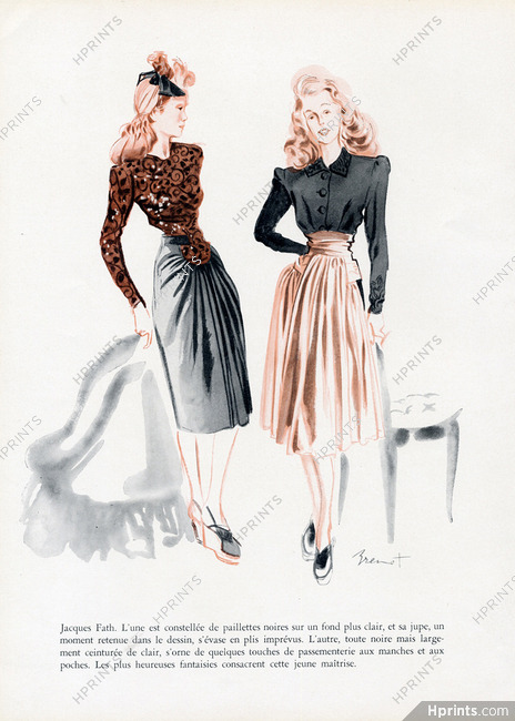 Raymond Brénot 1943 Jacques Fath, Skirts, Fashion Illustration
