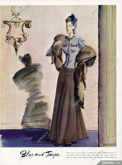 René Bouët-Willaumez 1940 Blue and Taupe Dinner Dress