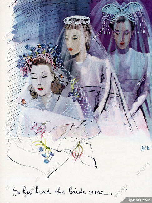 René Bouët-Willaumez 1940 Three Brides, John Frederics, Henri Bendel, Lilly Daché, Hats Wedding Dress Fashion Illustration
