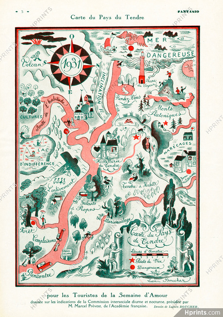 Carte du Pays du Tendre, 1931 - Lucien Boucher Marcel Prévost
