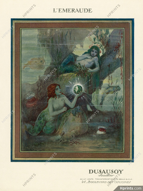 Dusausoy 1924 "L'Emeraude" The Emerald, Mermaid, Signed Serge