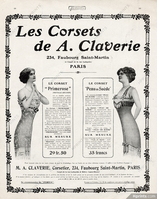 Claverie (Corsetmaker) 1912 Corsets "Primerose" & "Peau de Suède"