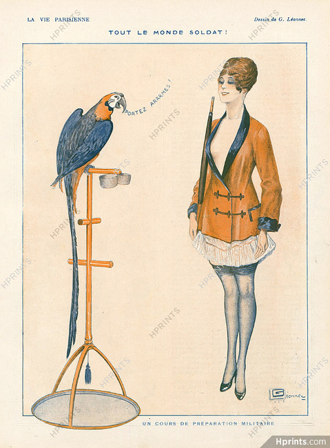 Léonnec 1916 "Tout le monde soldat" Préparation Militaire, Parrot and Female Soldier